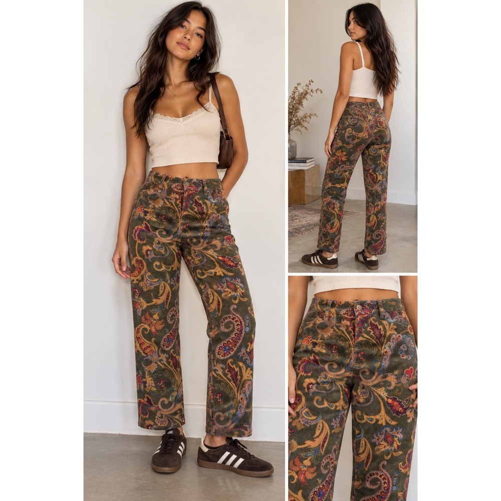 Talbots Paisley Corduroy Pants 2P Olive Green Straight Leg Vintage Boho Academia